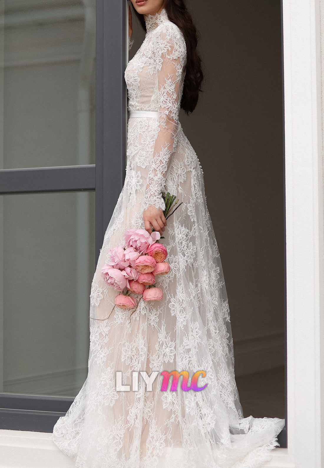 High-Neck Long Sleeve Lace A-Line Wedding Dress
