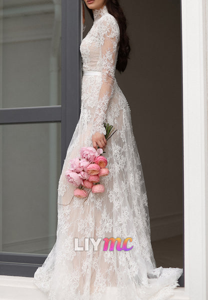 High-Neck Long Sleeve Lace A-Line Wedding Dress