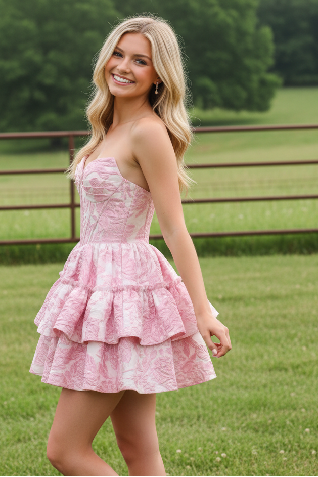 Strapless Corset Floral Jacquard Tiered Ruffle Mini Dress