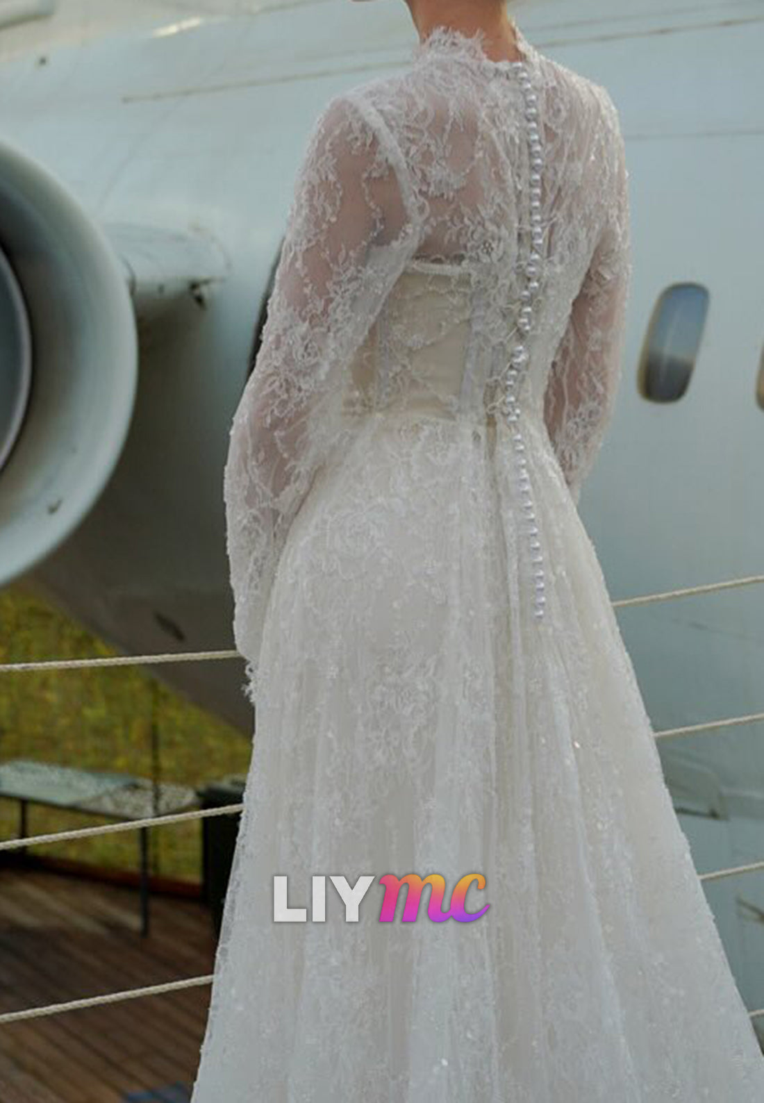 Illusion High Neck Lace Long Sleeve Wedding Dress