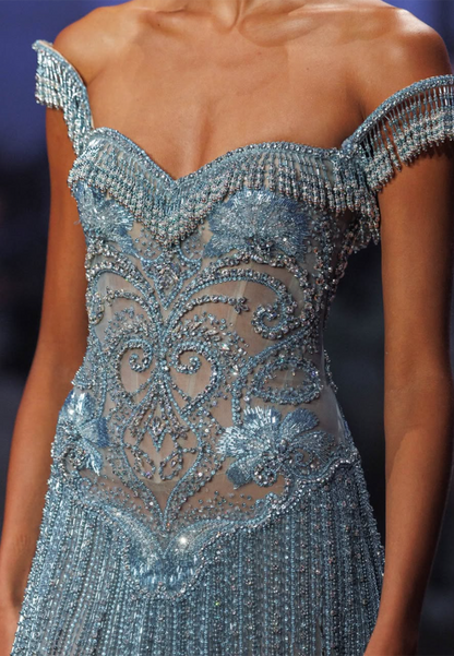 Off-Shoulder Beaded Illusion Gown with Fringe Skirt