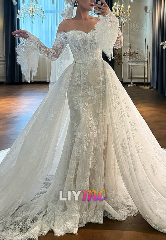 Off Shoulder Long Sleeve Lace Mermaid Wedding Gown