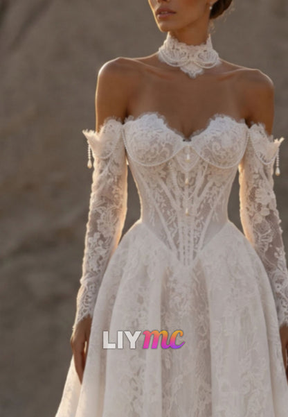 Corset Lace Wedding Dress with Long Sleeves