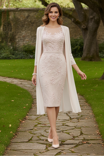 Embroidered Lace Sheath Dress with Chiffon Duster