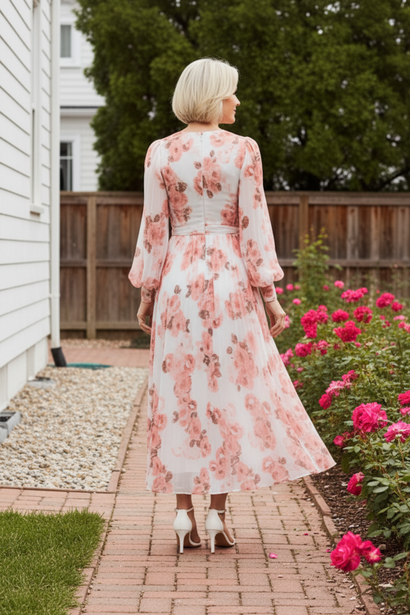 Floral Chiffon V-Neck Long Sleeve Maxi Dress