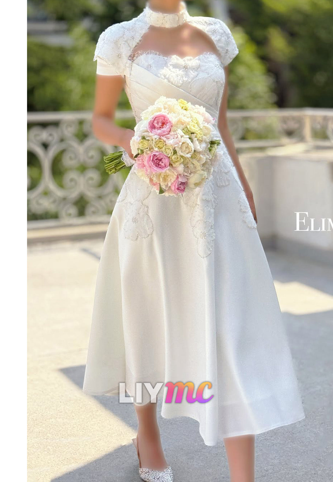 Midi A-Line Wedding Dress with Beaded Capelet