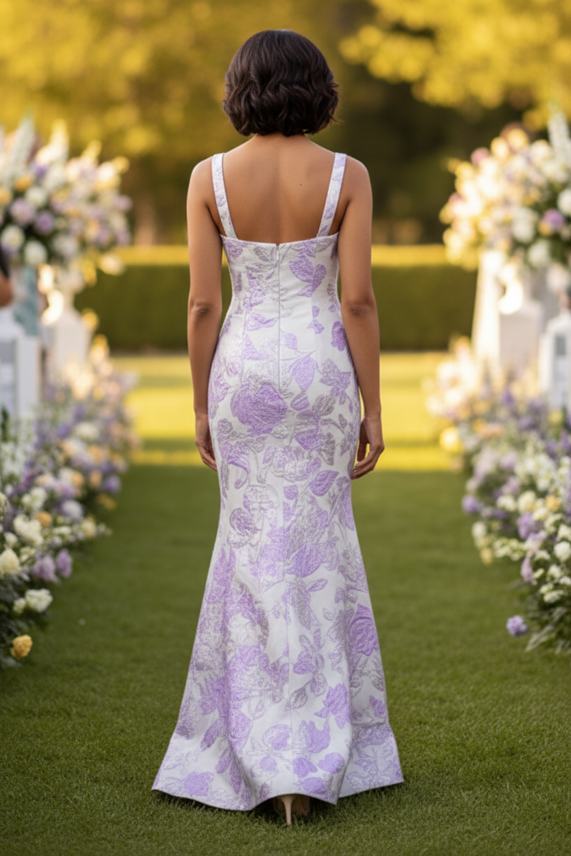 Square Neck Floral Jacquard Mermaid Gown