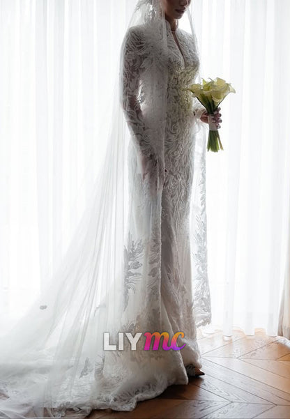 Vintage High Neck Lace Sheath Wedding Dress