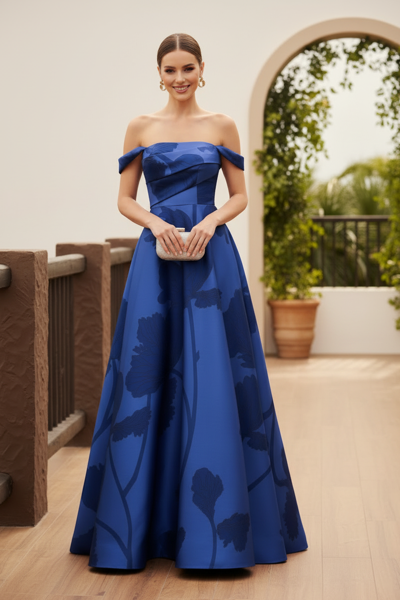 Off-the-Shoulder Floral Jacquard Evening Gown