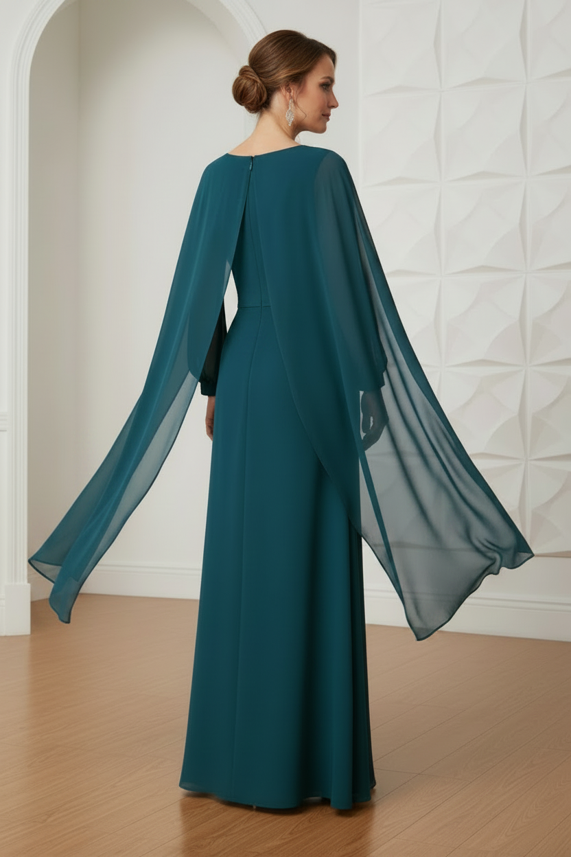 Chiffon Cape Sleeve Evening Dress with 3D Flower
