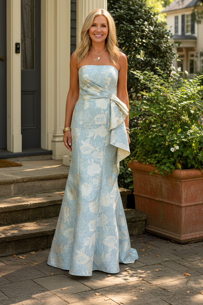 Strapless Jacquard Floral Trumpet Gown with Side Drape