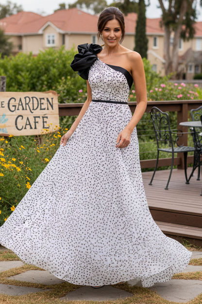 One-Shoulder Polka Dot Evening Gown