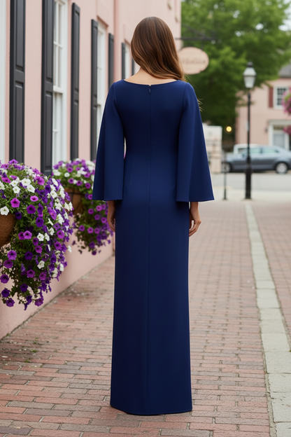 Bateau Neck Crepe Column Gown with Embellished Sleeves