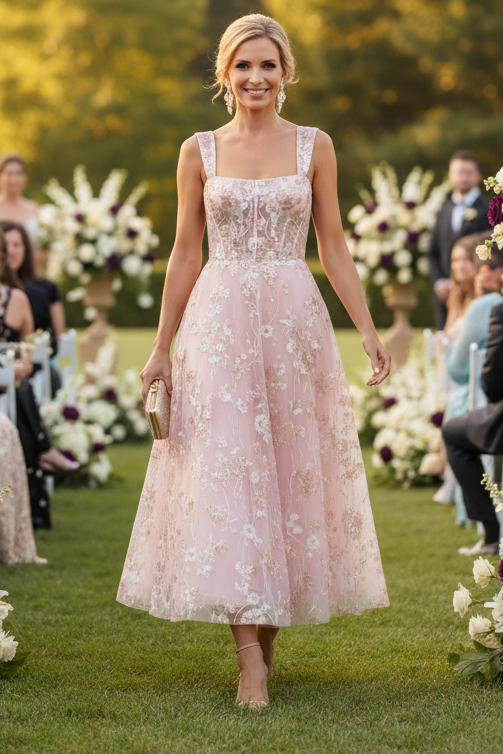 Floral Embroidered Corset A-Line Midi Dress