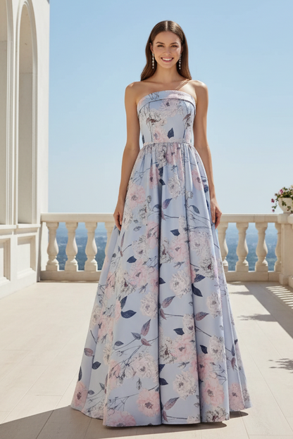 Strapless Floral Print Ball Gown Evening Dress