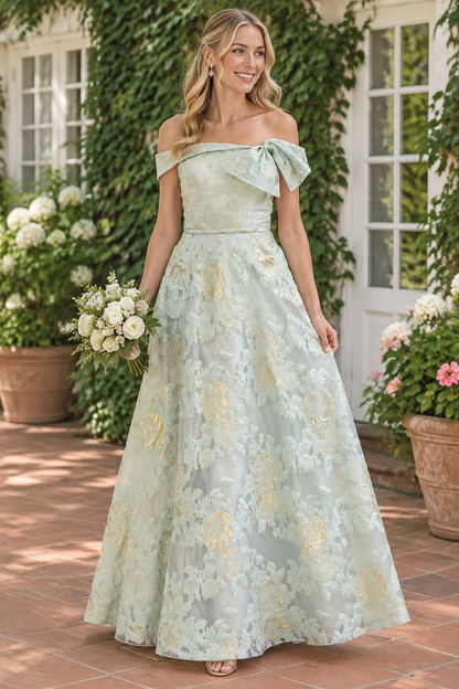 Off-the-Shoulder Jacquard Gown with Bow Accent