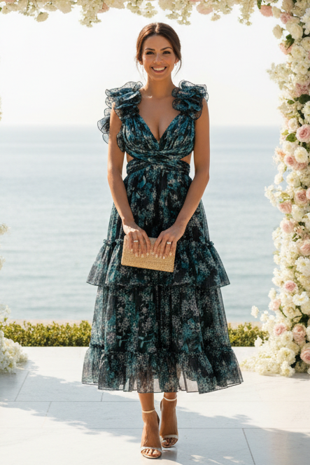 Ruffle Shoulder Floral Tiered Midi Dress