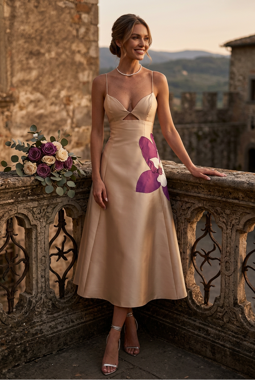 Cut-Out A-Line Midi Dress with Floral Motif