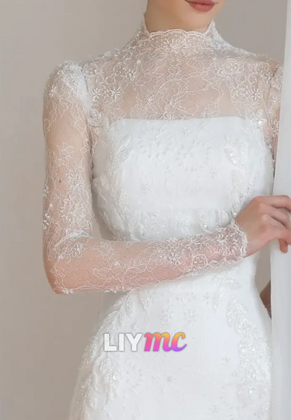 High Neck Lace Mermaid Wedding Dress with Long Sleeves