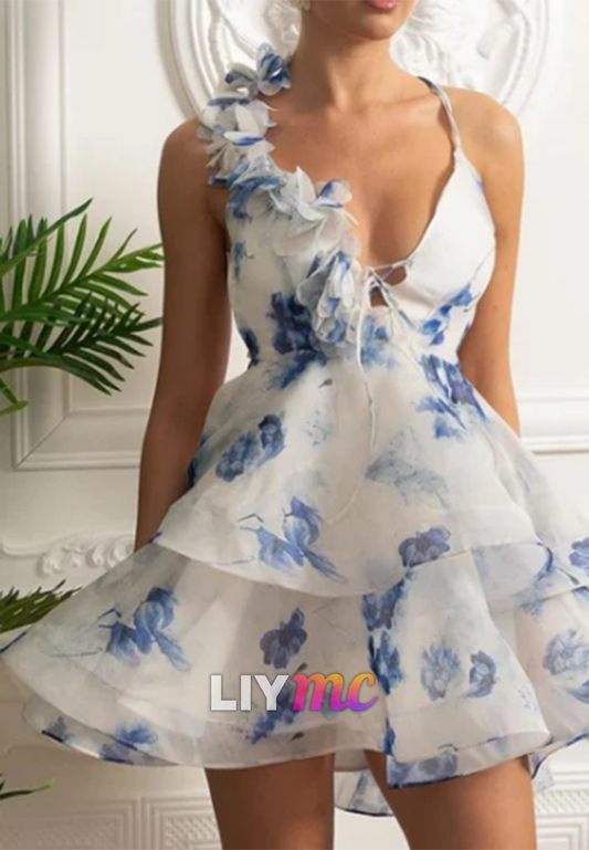 Floral Print Tiered Ruffle Mini Dress with 3D Flowers