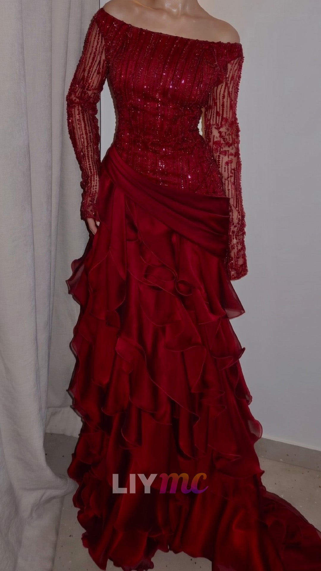 Off-the-Shoulder Beaded Gown with Tiered Ruffles