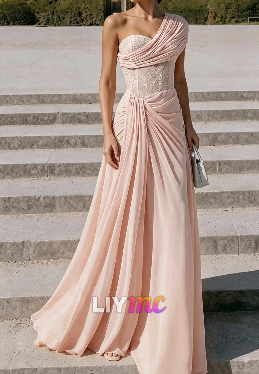 One-Shoulder Corset Chiffon Evening Gown