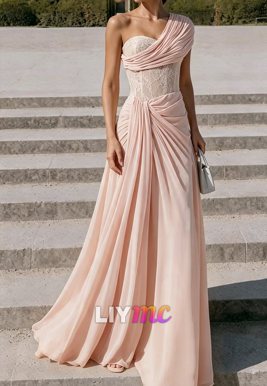 One-Shoulder Corset Chiffon Evening Gown
