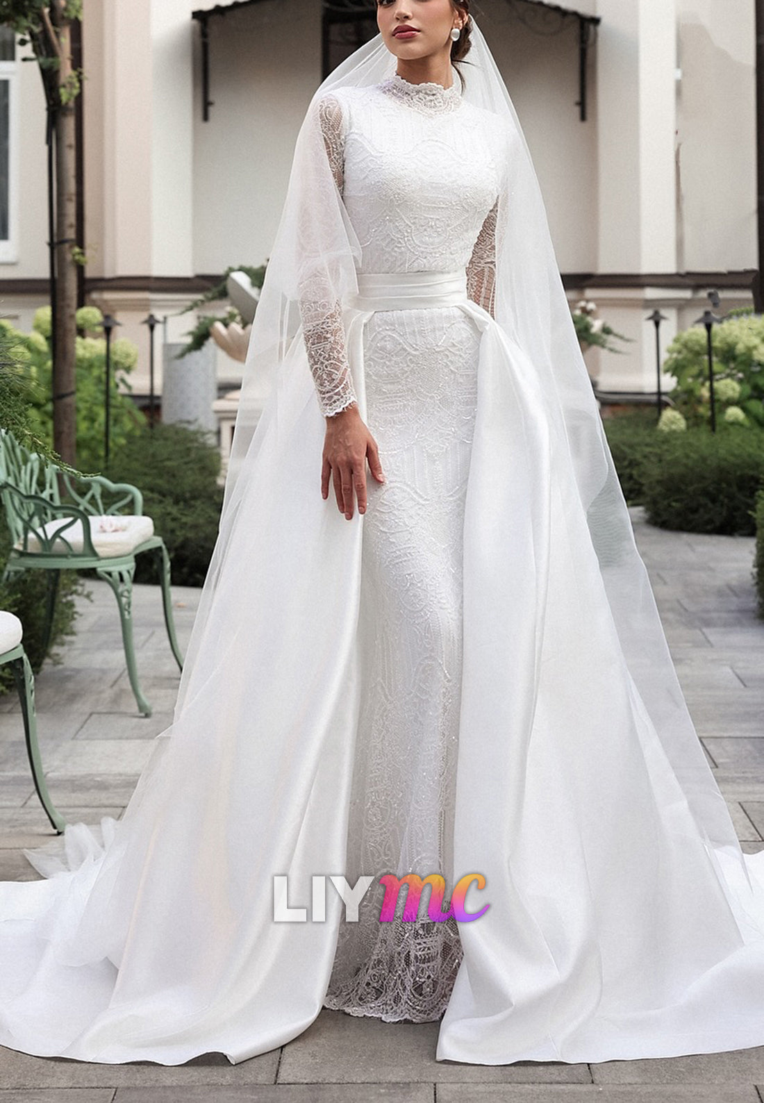 High Neck Lace Wedding Dress with Detachable Overskirt