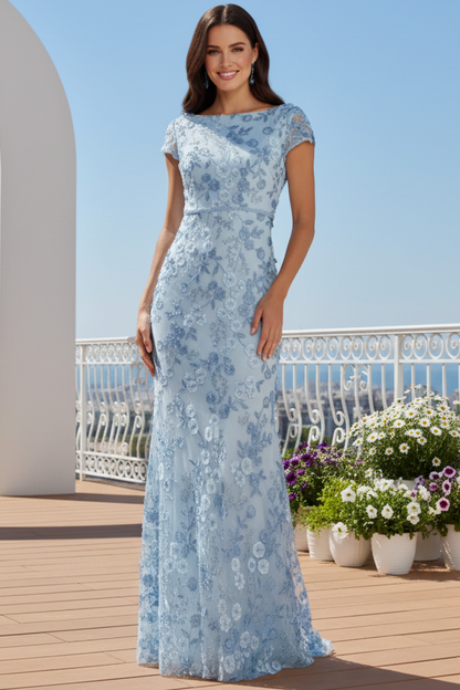 Floral Applique Bateau Neck Cap Sleeve Evening Gown