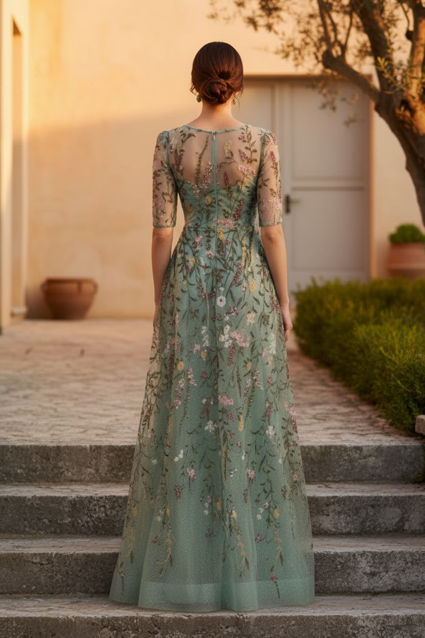 Floral Embroidered Illusion Neckline Evening Gown