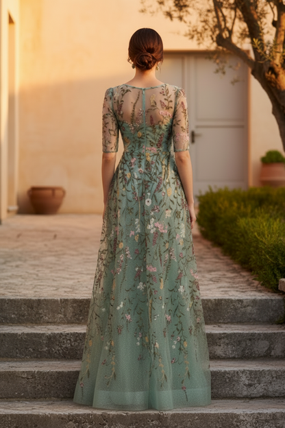 Floral Embroidered Illusion Neckline Evening Gown