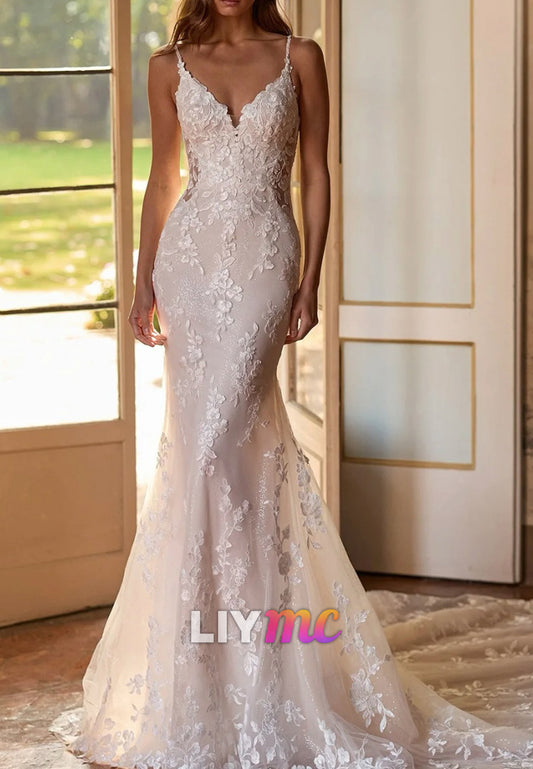Low Back Mermaid Lace Wedding Dress with Chapel Train