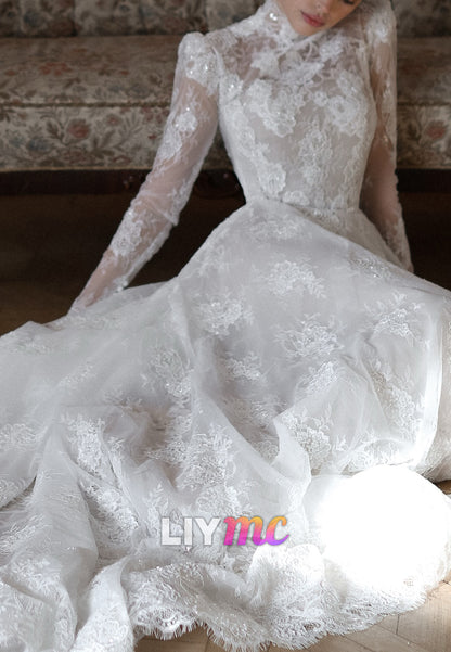 High-Neck A-Line Lace Wedding Dress with Long Sleeves