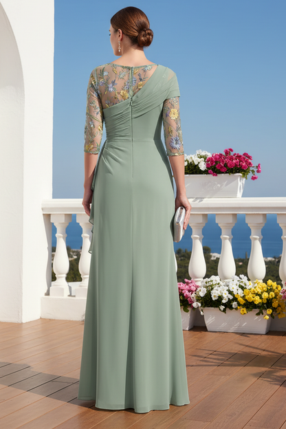 Asymmetrical Ruched Chiffon Gown with Embroidered Sleeves