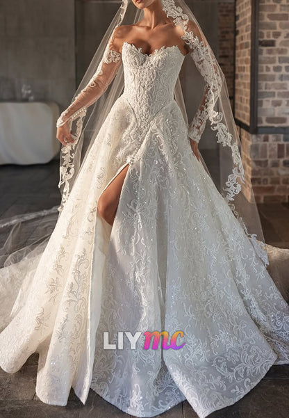Off-the-Shoulder Lace Wedding Gown with High-Slit Skirt
