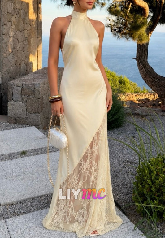 Halter Neck Satin and Lace Maxi Evening Dress