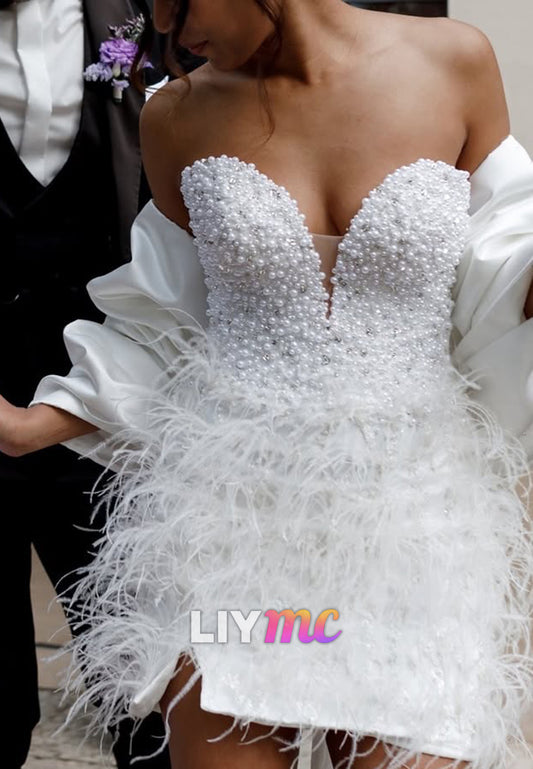 Strapless Pearl and Feather Mini Dress with Jacket