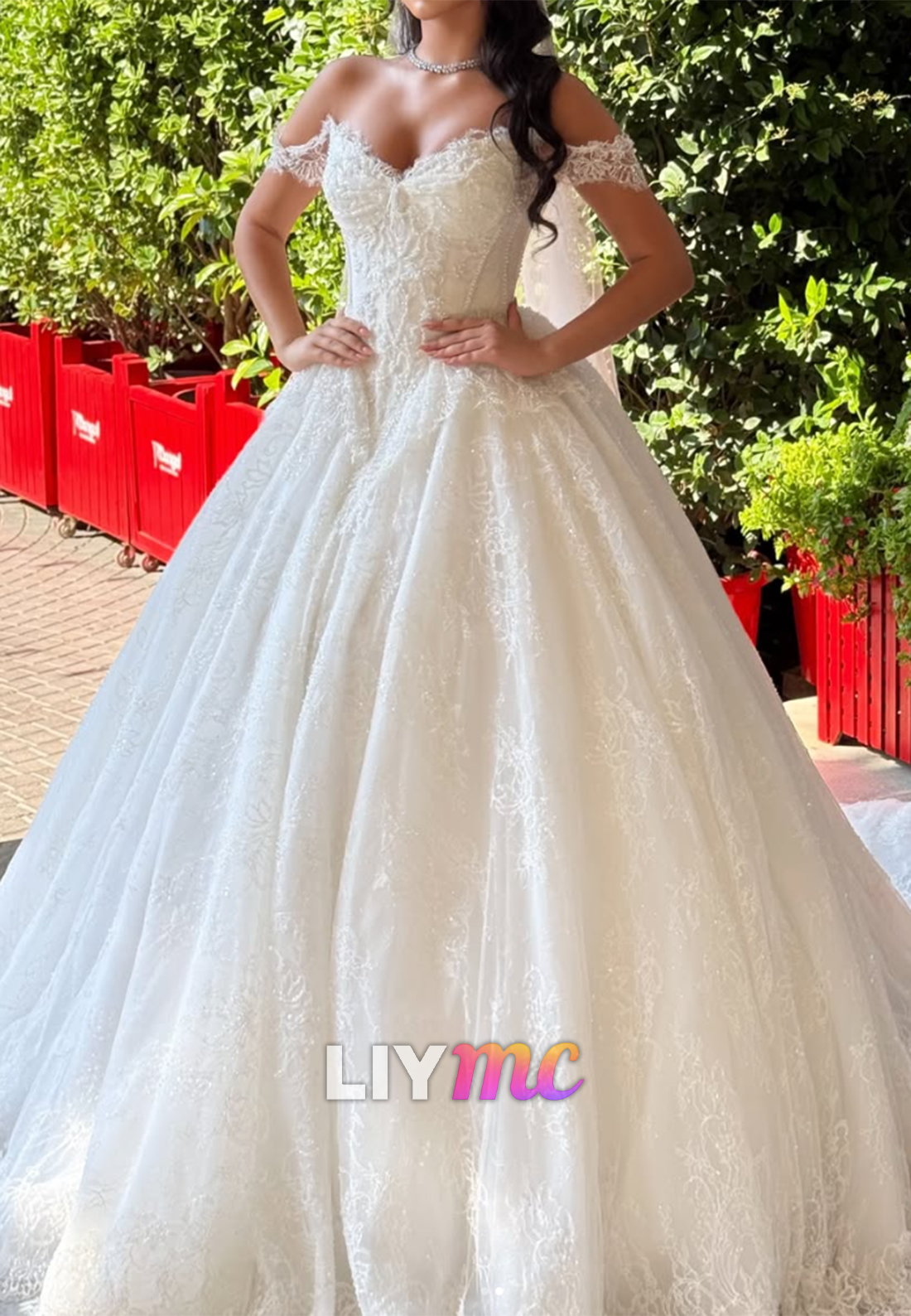 Beaded Lace Off-the-Shoulder Ball Gown