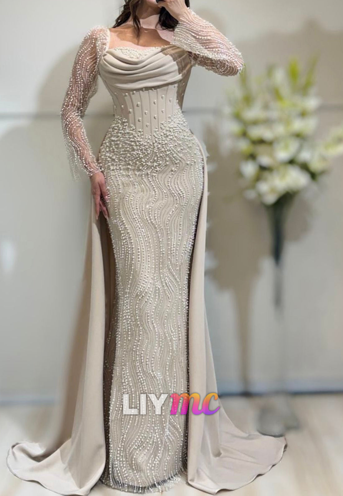 Pearl Beaded Mermaid Gown with Cape Overlay