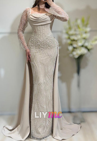Pearl Beaded Mermaid Gown with Cape Overlay