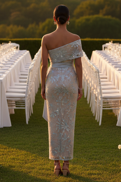 One-Shoulder Sequined Sheath Dress with Satin Sash