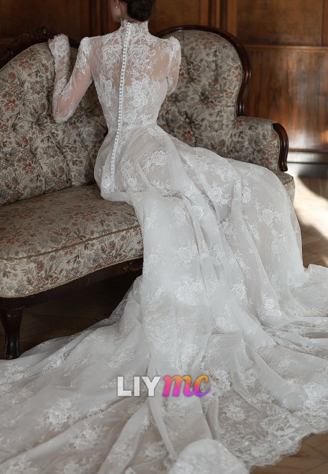High-Neck A-Line Lace Wedding Dress with Long Sleeves