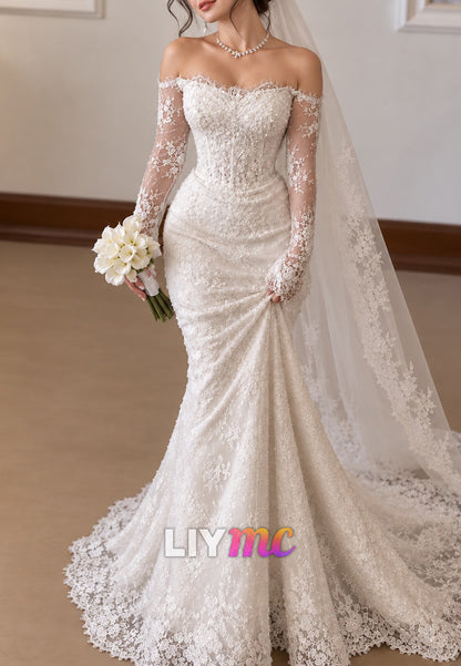 Lace Off-the-Shoulder Long Sleeve Mermaid Gown