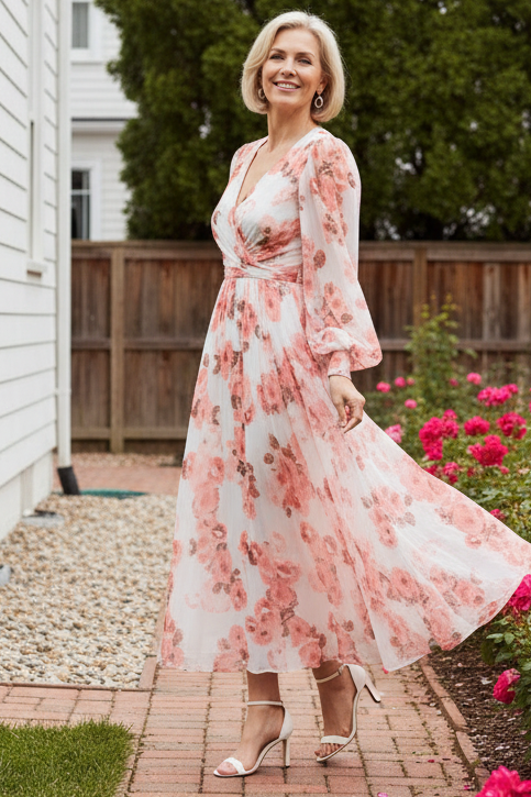 Floral Chiffon V-Neck Long Sleeve Maxi Dress