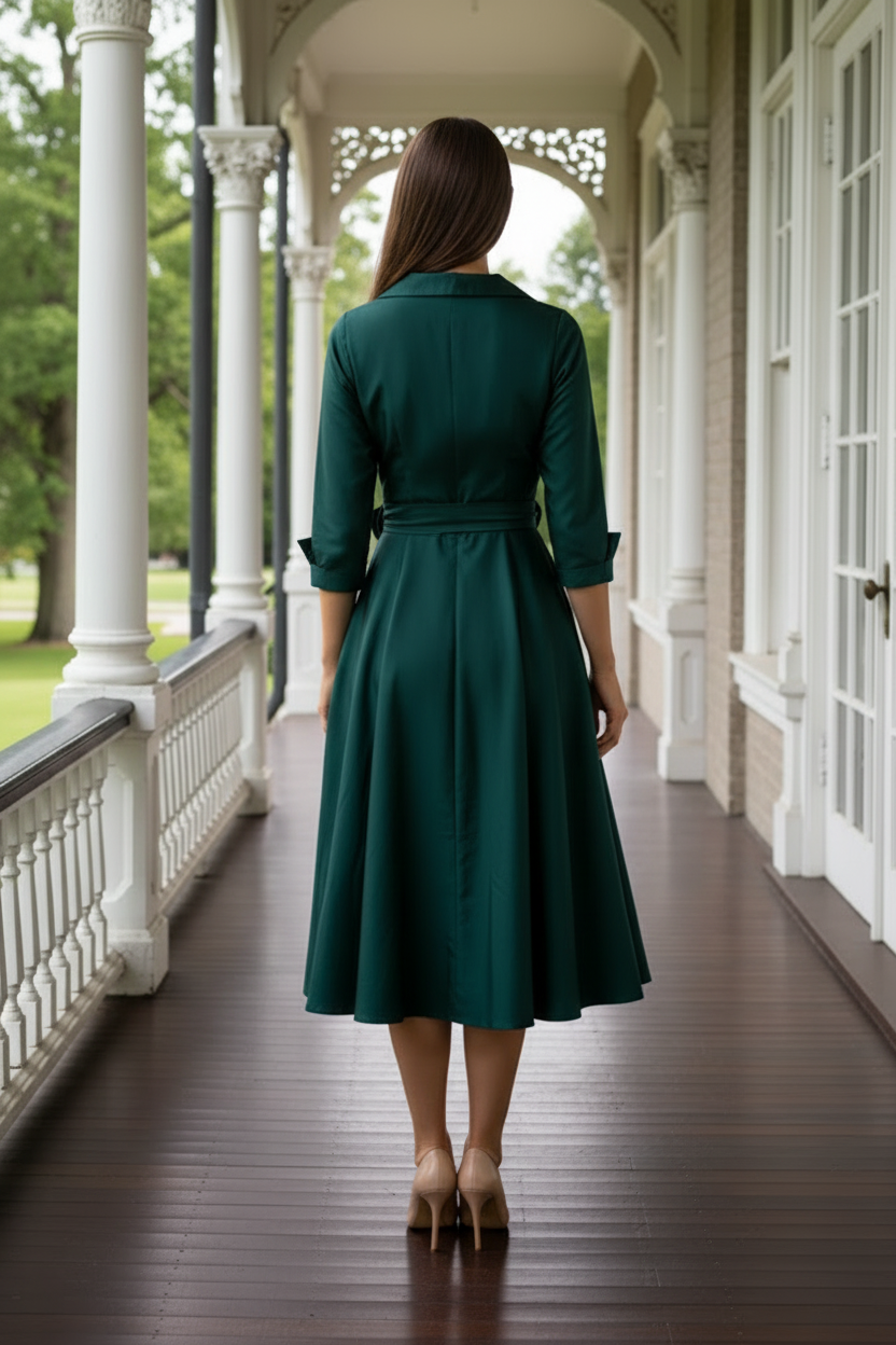 Wrap-Front A-Line Midi Dress with Tie-Belt Waist