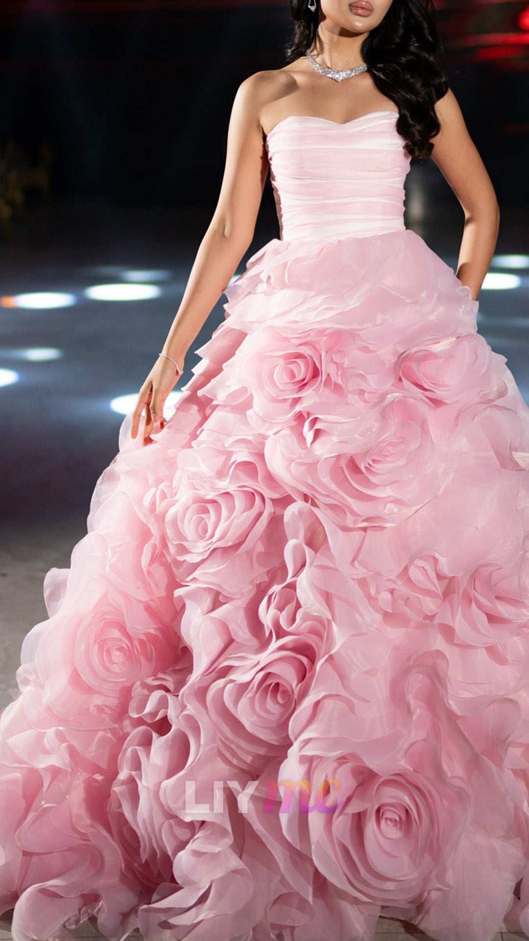 Strapless Rosette Tiered Ball Gown