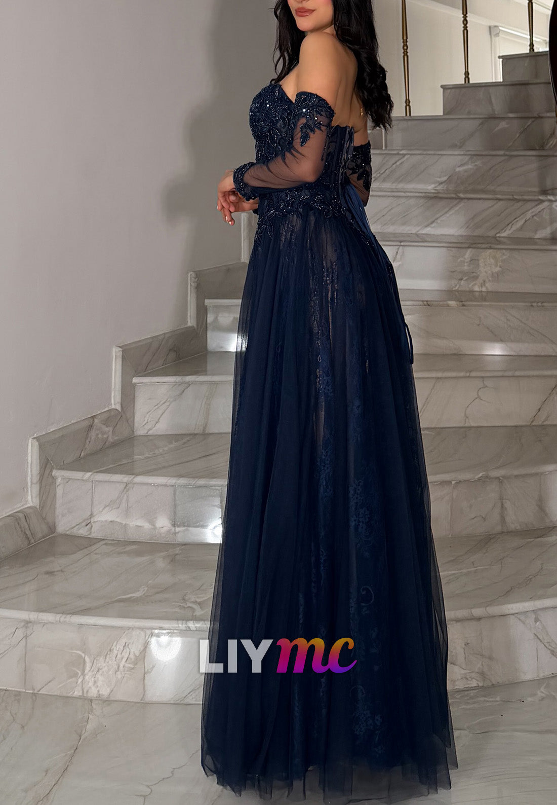 Corset Evening Gown with Sheer Sleeves