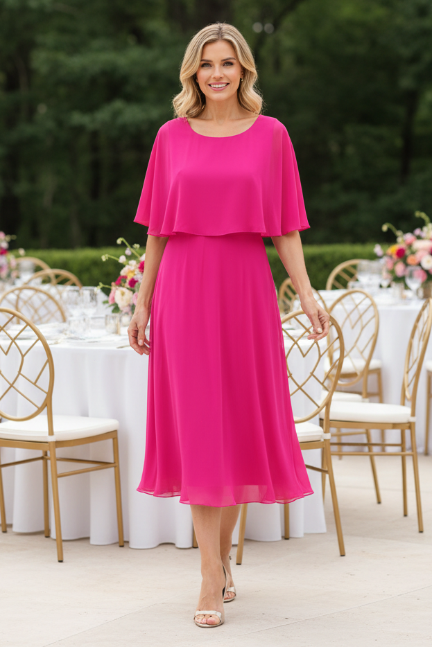 A-Line Midi Dress with Cape Sleeve Overlay