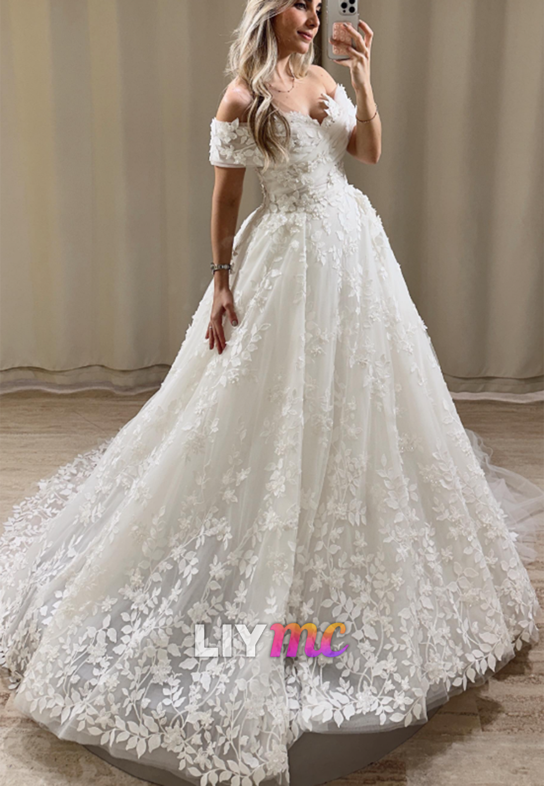 Off-the-Shoulder 3D Floral Lace Ball Gown