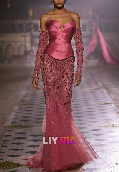 Corset-Style Off-the-Shoulder Beaded Mermaid Gown